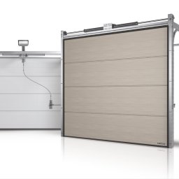 WEMONT SPÓŁKA Z OGRANICZONĄ ODPOWIEDZIALNOŚCIĄ - Dwie segmentowe bramy garażowe: biała z oświetleniem i beżowa z poziomymi panelami, obie z metalową konstrukcją nośną, na białym tle z refleksami.