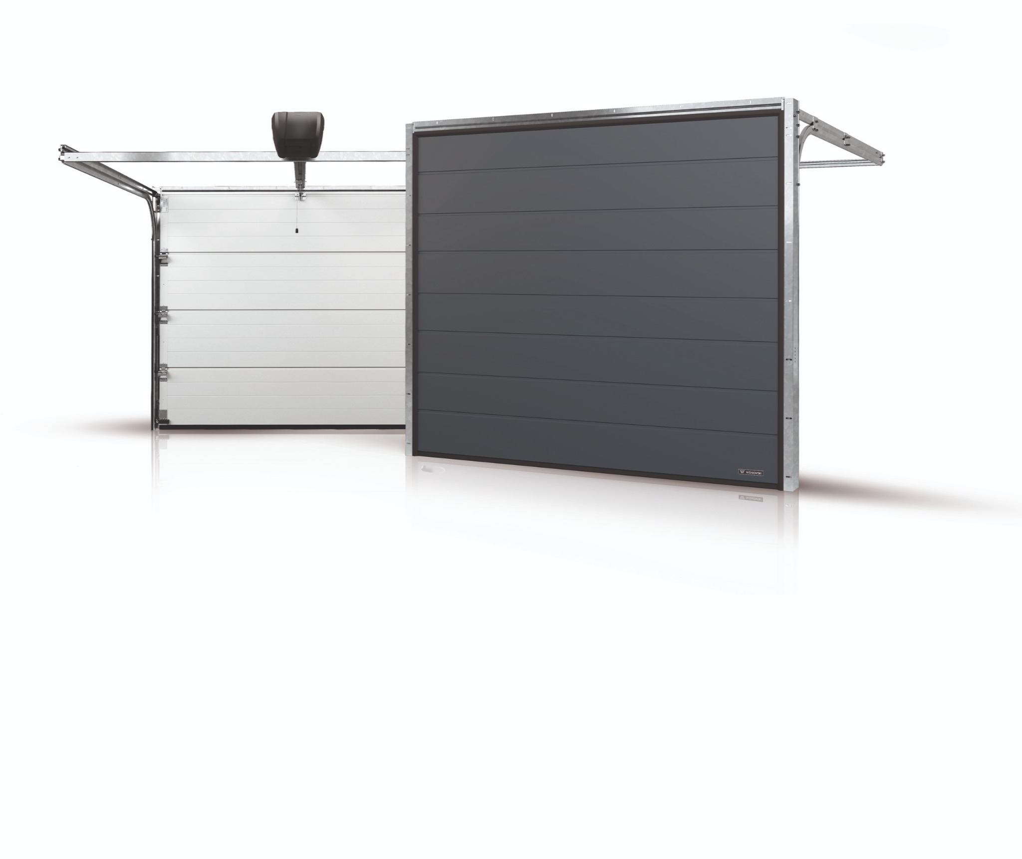 Dwie segmentowe bramy garażowe: biała w pozycji otwartej z widocznym napędem i szara w pozycji zamkniętej, na białym tle.