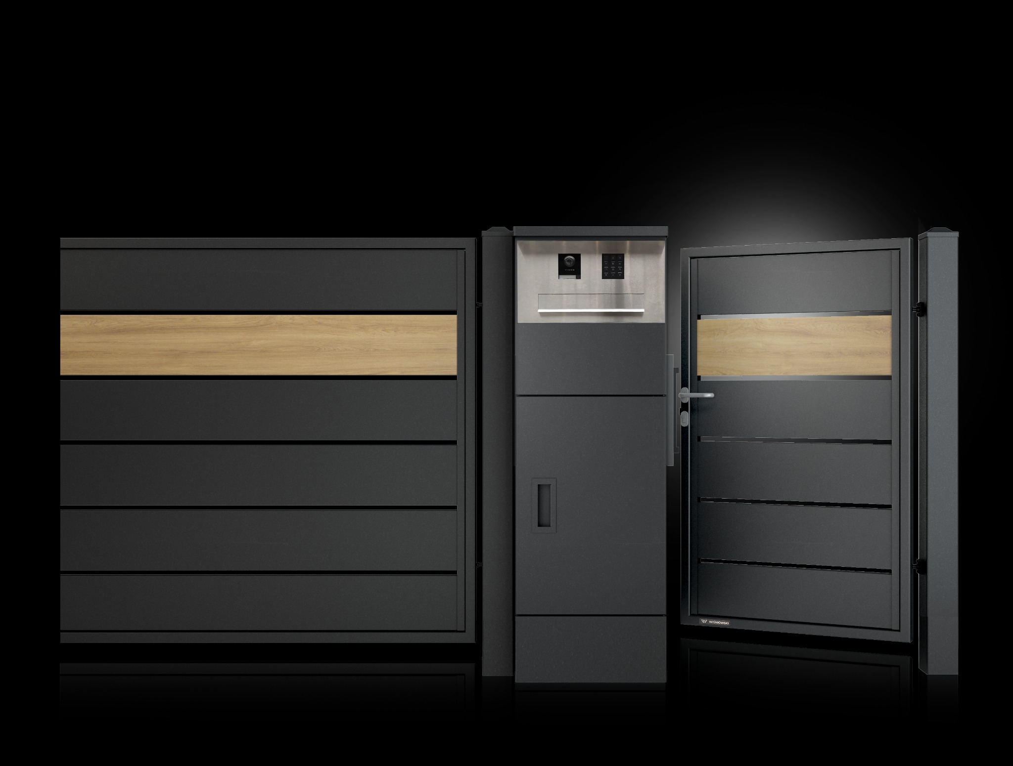 Nowoczesna, antracytowa brama wjazdowa z drewnianą wstawką, skrzynką na listy z panelem kontrolnym i domofonem, na czarnym tle.