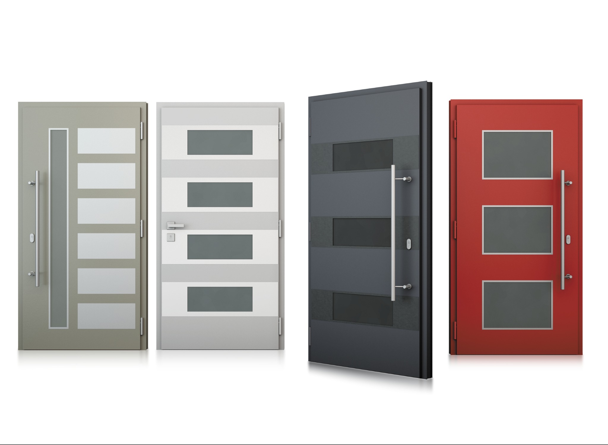 Cztery nowoczesne drzwi wejściowe w różnych kolorach (szary, biały, grafitowy, czerwony) z przeszkleniami i długimi, pionowymi uchwytami, ustawione obok siebie na białym tle.