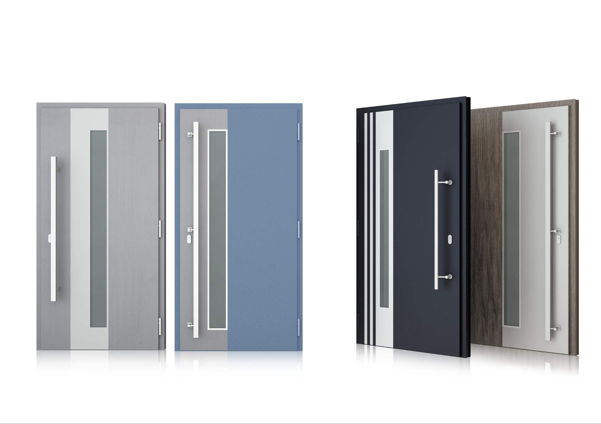Cztery nowoczesne drzwi wejściowe z przeszkleniami w kolorach szarym, niebieskim i grafitowym, z długimi, pionowymi uchwytami, ustawione na białym tle z odbiciem.