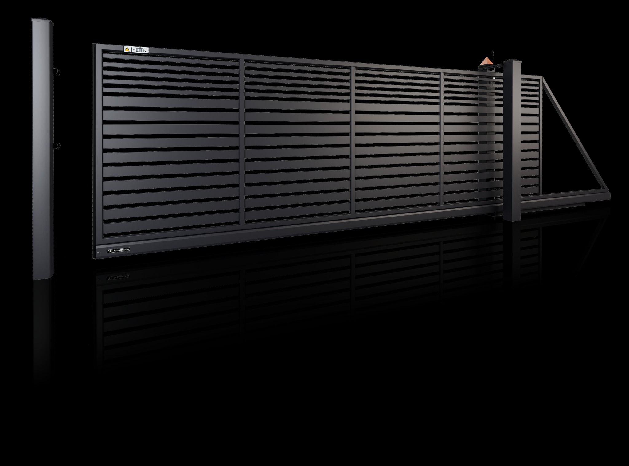 Nowoczesna, przesuwna brama wjazdowa w kolorze antracytowym z poziomymi panelami, widoczny słupek i automatyka, na czarnym tle.