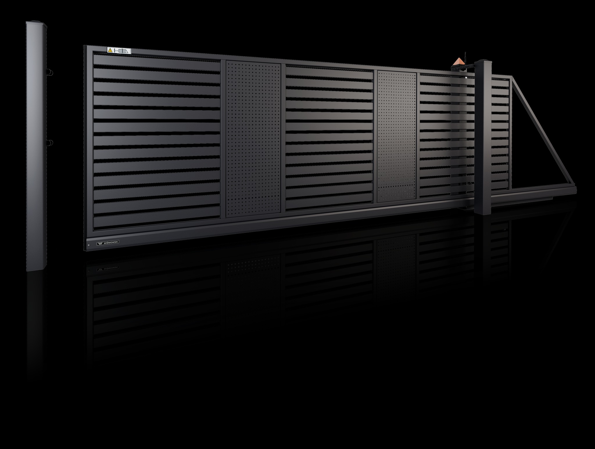 Nowoczesna, przesuwna brama wjazdowa w kolorze antracytowym, z poziomymi panelami i perforowanymi sekcjami, widoczna w całości na czarnym tle z odbiciem w połyskującej powierzchni.