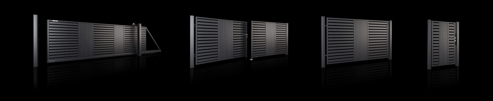 Cztery ujęcia nowoczesnej, grafitowej bramy przesuwnej z poziomymi panelami i perforowanym fragmentem, prezentowane na czarnym tle z odbiciem.