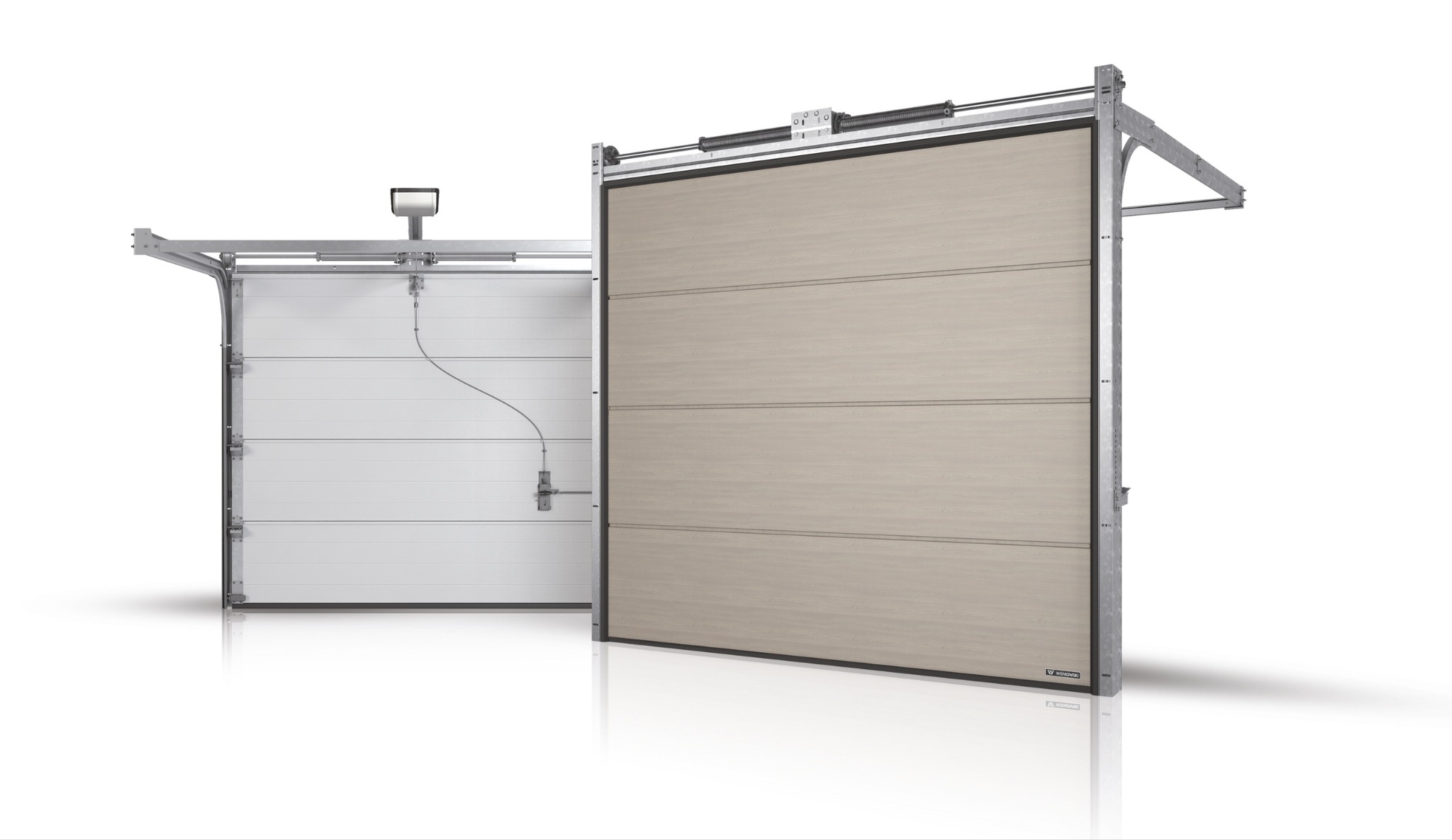 Dwie segmentowe bramy garażowe: biała z oświetleniem i beżowa z poziomymi panelami, obie z metalową konstrukcją nośną, na białym tle z refleksami.