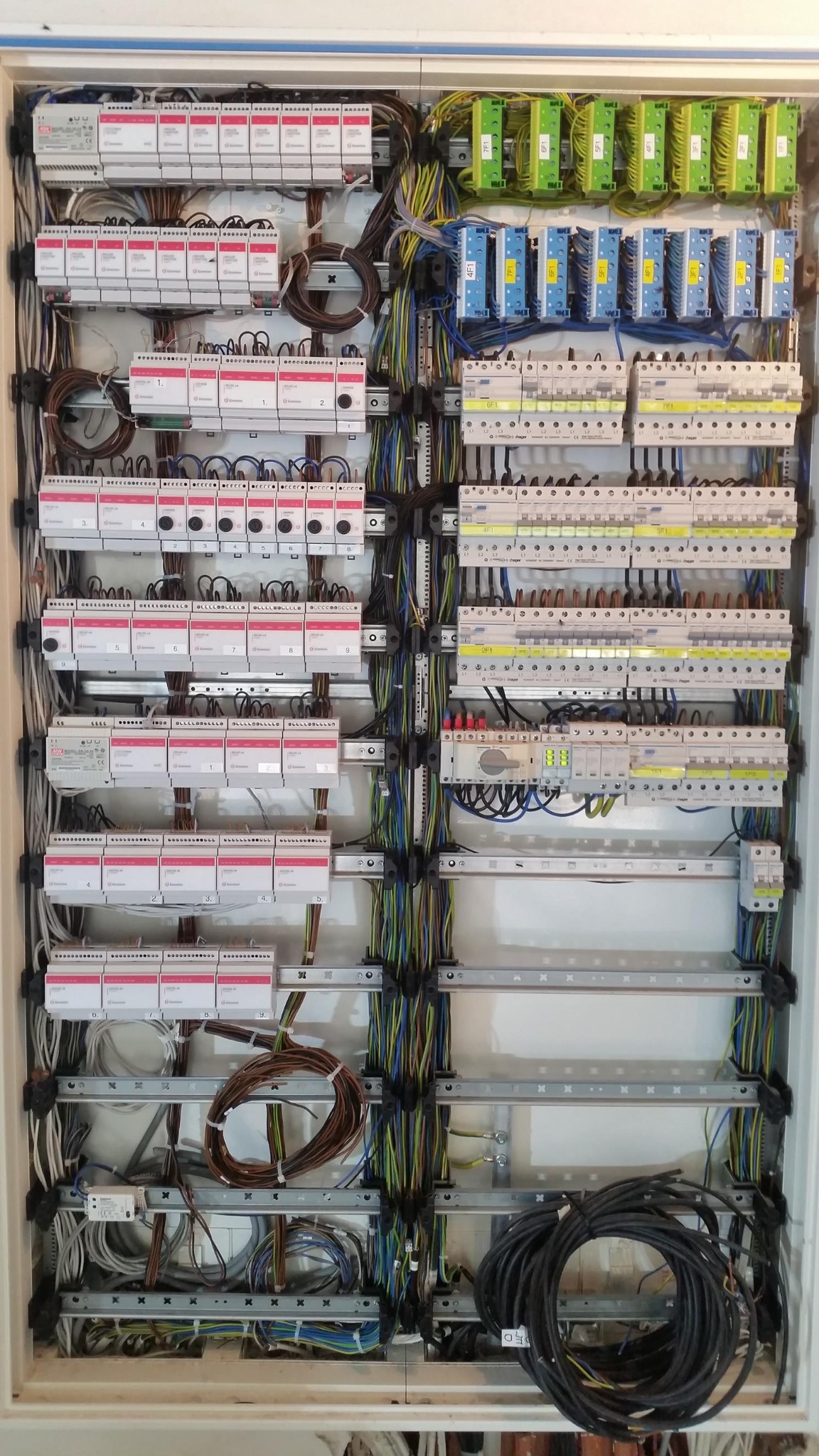 Rozdzielnica elektryczna z modułami zabezpieczeń, bezpiecznikami i przewodami o różnych kolorach, zamontowana w białej obudowie, widok z bliska.