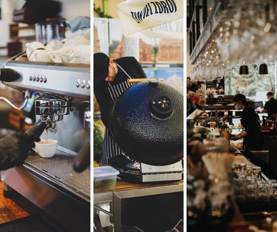 Kompozycja trzech kadrów: ekspres do kawy podczas parzenia, kucharz przy grillu typu Kamado i kelnerka za barem w restauracji.