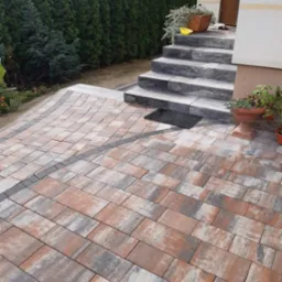 Ułożona nawierzchnia z wielobarwnej kostki brukowej przed wejściem do domu z kamiennymi schodami. Widoczny fragment ogrodu z tujami w tle. Na schodach donica z kwiatami.