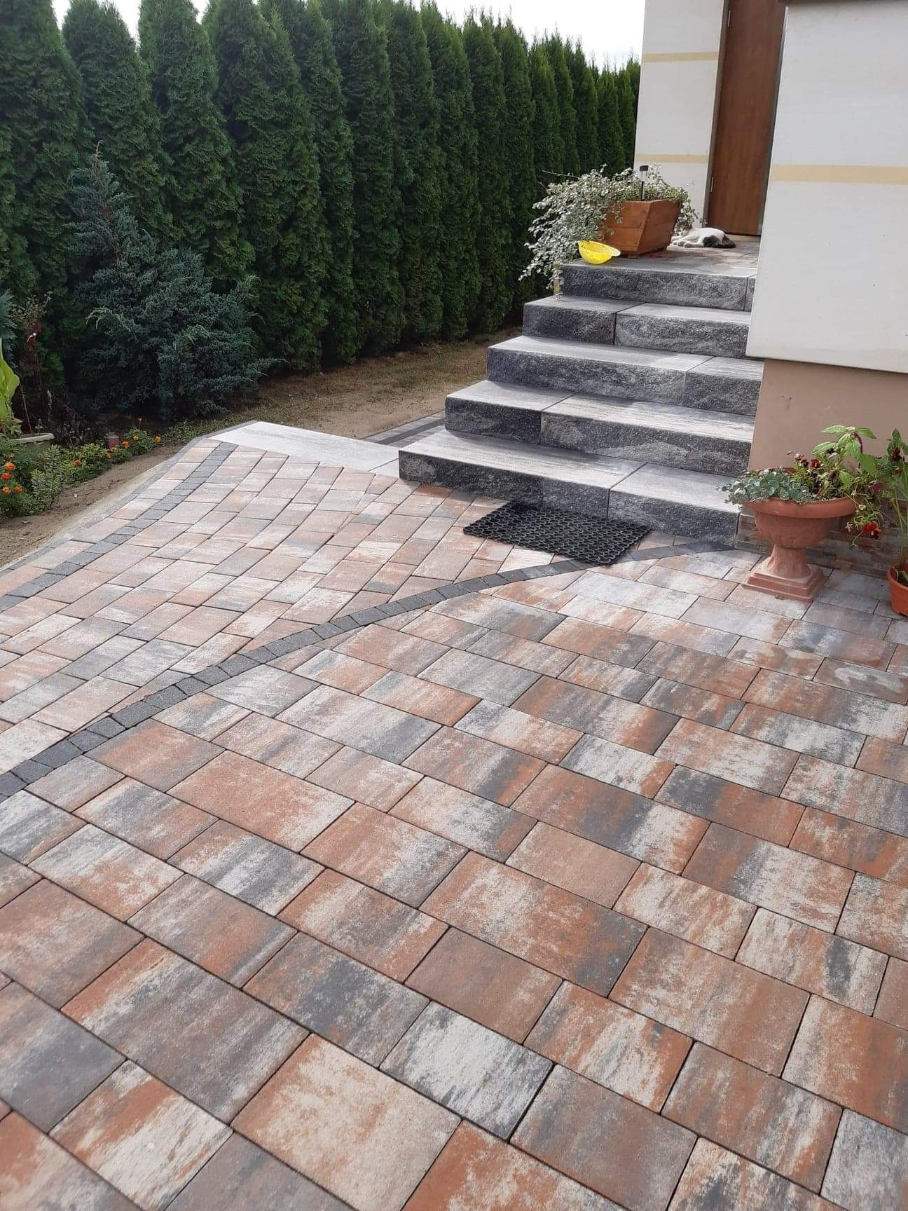 Ułożona nawierzchnia z wielobarwnej kostki brukowej przed wejściem do domu z kamiennymi schodami. Widoczny fragment ogrodu z tujami w tle. Na schodach donica z kwiatami.