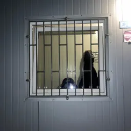 Kraty okienne z metalowymi prętami na szarym budynku z blachy trapezowej, widoczne ubrania w środku. Zabezpieczenie okna.