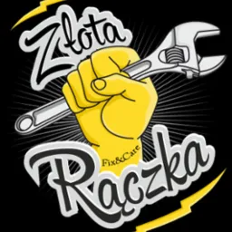 Ilustracja logo: Żółta dłoń trzyma klucz nastawny na czarnym tle z napisem 'Złota Rączka Fix&Care' i stylizowanymi błyskawicami.