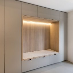 FIX&CARE SŁAWOMIR KOSNO - Nowoczesna szafa wnękowa z siedziskiem i oświetleniem LED. Jasne, minimalistyczne wykończenie, gładkie fronty, subtelne uchwyty. Idealne rozwiązanie do przechowywania i relaksu.