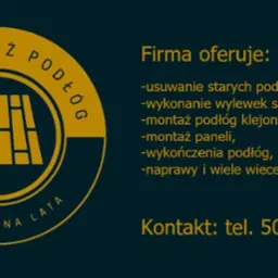 Logo firmy montującej podłogi z motywem ułożonych paneli, oferującej usuwanie starych podłóg, wylewki samopoziomujące, montaż podłóg klejonych, wykończenia i naprawy, z numerem telefonu kontaktowym.