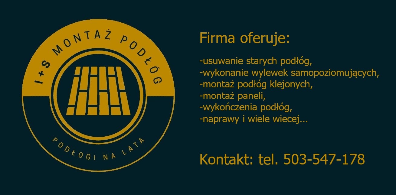 Logo firmy montującej podłogi z motywem ułożonych paneli, oferującej usuwanie starych podłóg, wylewki samopoziomujące, montaż podłóg klejonych, wykończenia i naprawy, z numerem telefonu kontaktowym.