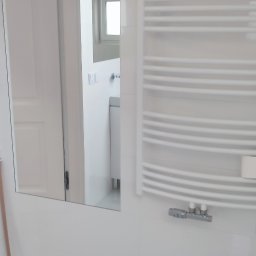 TOMNOR - Minimalistyczna, biała łazienka w Gliwicach z grzejnikiem drabinkowym i lustrem odbijającym fragment wnętrza.