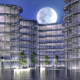 CRE8VISION - Wizualizacja futurystycznego budynku biurowego z zaokrąglonymi piętrami i szklaną fasadą, oświetlonego nocą z widocznym księżycem w tle.
