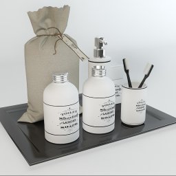 CRE8VISION - Still life z zestawem kosmetyków i akcesoriów łazienkowych w stylu retro: dwa białe pojemniki z metalowymi nakrętkami i etykietami 'Toilet Shaving Laundry Soaps', dozownik do mydła, kubek z dwiema...