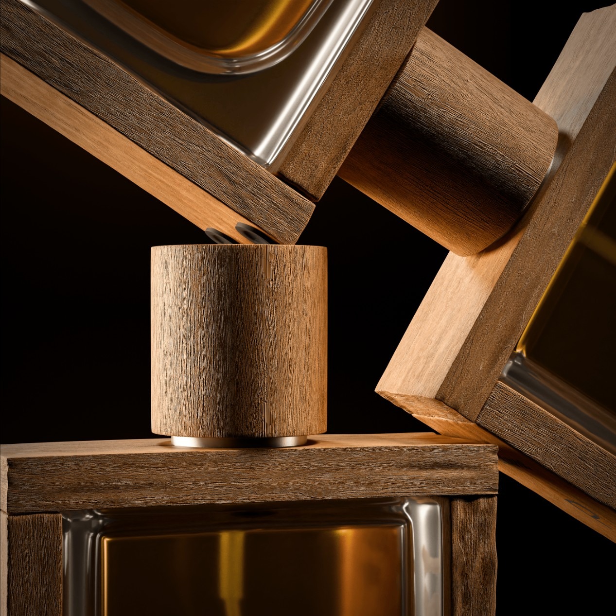 Abstrakcyjna kompozycja z drewnianych i metalowych elementów, cylindryczny drewniany obiekt na tle ciemnego tła, oświetlenie podkreśla teksturę drewna.