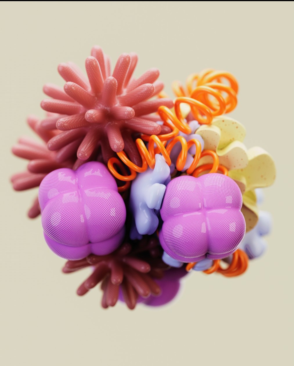Abstrakcyjna kompozycja 3D z różowymi, fioletowymi, pomarańczowymi i żółtymi elementami o różnych teksturach na beżowym tle.