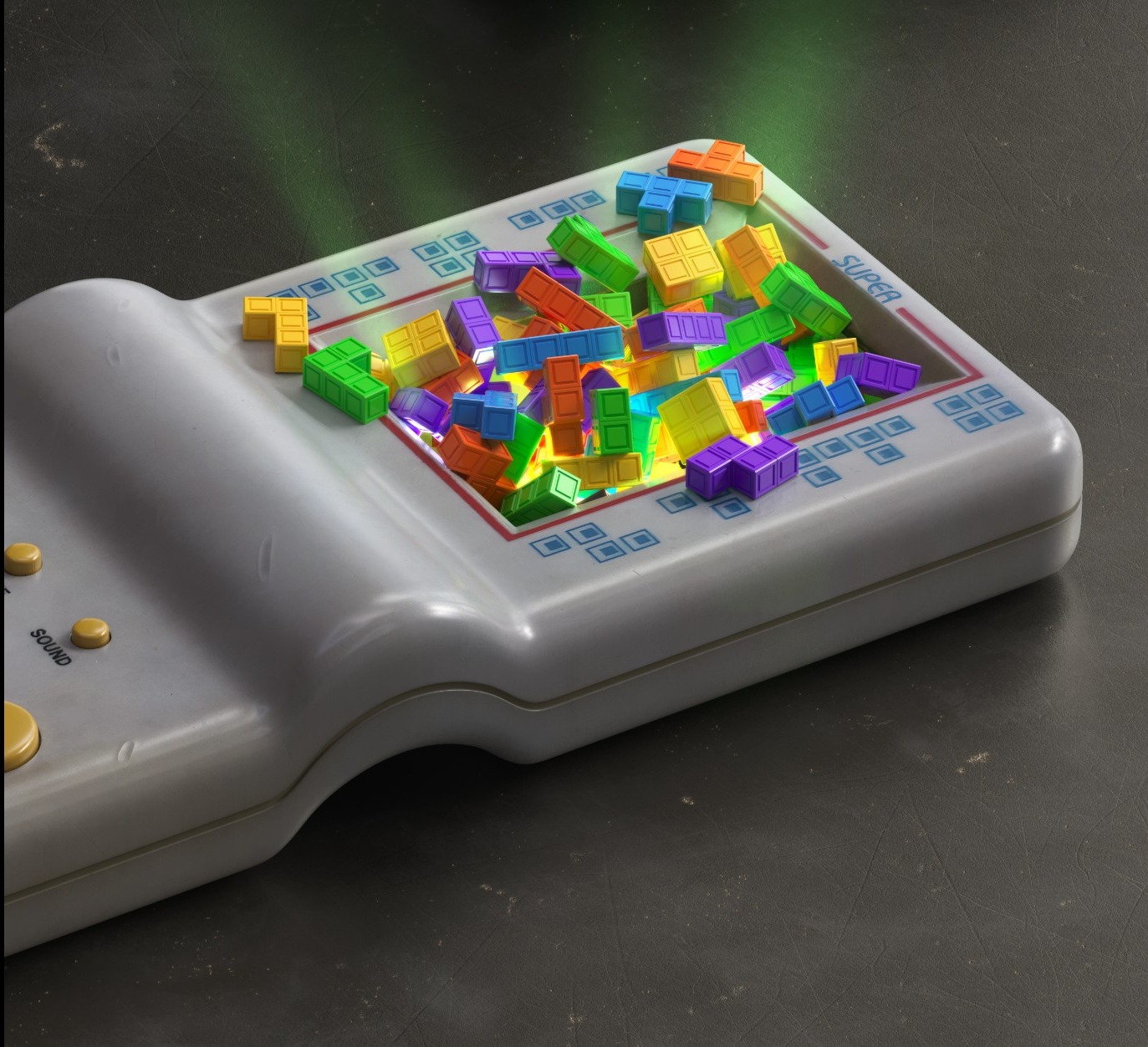 Stylizowana wizualizacja konsoli do gier z lat 80-tych wypełnionej kolorowymi klockami Tetris, z efektem świetlnym wydobywającym się spod klocków.