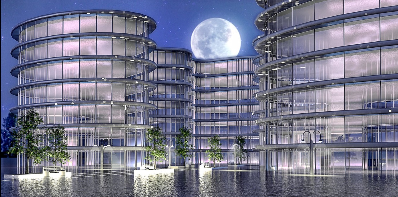 Wizualizacja futurystycznego budynku biurowego z zaokrąglonymi piętrami i szklaną fasadą, oświetlonego nocą z widocznym księżycem w tle.