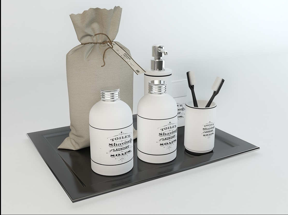 Still life z zestawem kosmetyków i akcesoriów łazienkowych w stylu retro: dwa białe pojemniki z metalowymi nakrętkami i etykietami 'Toilet Shaving Laundry Soaps', dozownik do mydła, kubek z dwiema...
