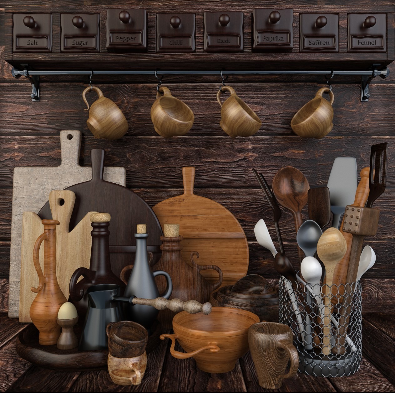 Kompozycja drewnianych akcesoriów kuchennych: deski do krojenia, miski, dzbanki, pojemniki na przyprawy i przybory, na tle ciemnej drewnianej ściany.