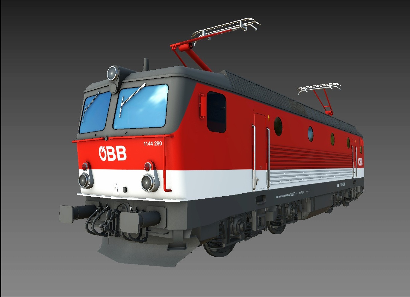 Wizualizacja 3D austriackiej lokomotywy elektrycznej ÖBB 1144 290 z czerwono-białą kolorystyką na szarym tle.