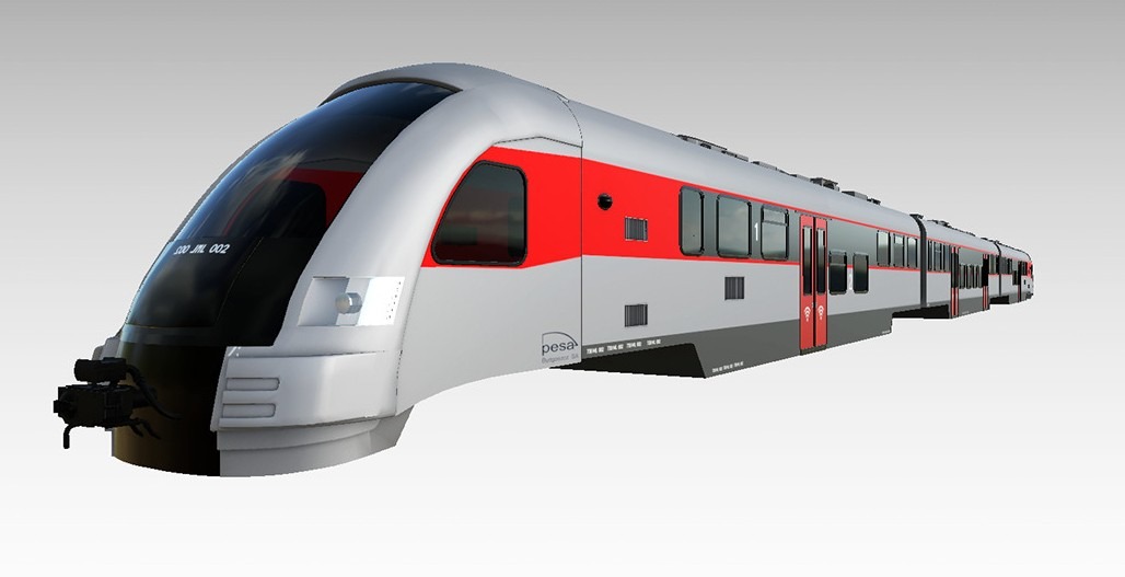 Wizualizacja 3D nowoczesnego, srebrno-czerwonego pociągu pasażerskiego PESA na jednolitym, jasnym tle.