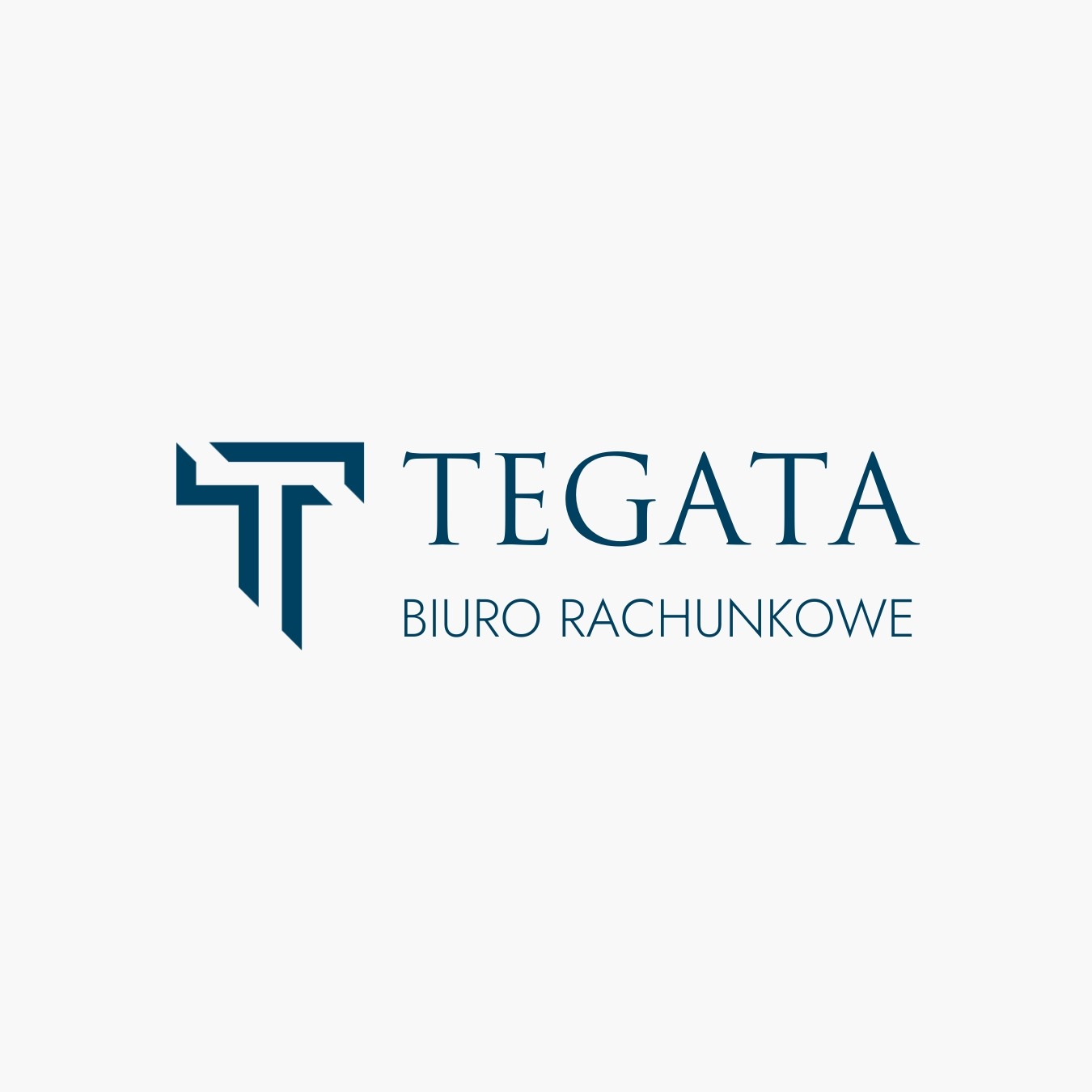 Logo firmy TEGATA Biuro Rachunkowe w odcieniach niebieskiego na białym tle. Minimalistyczny znak graficzny po lewej stronie nazwy firmy.
