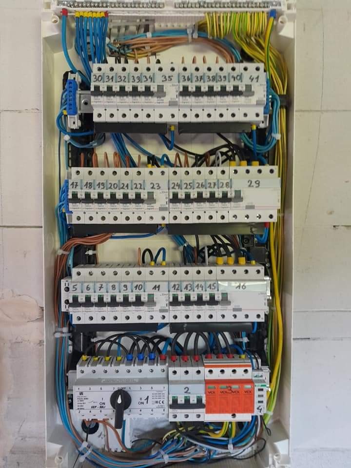 Rozdzielnia elektryczna z zainstalowanymi bezpiecznikami i przewodami o różnych kolorach, widok od frontu na ścianie z szarego bloczka.