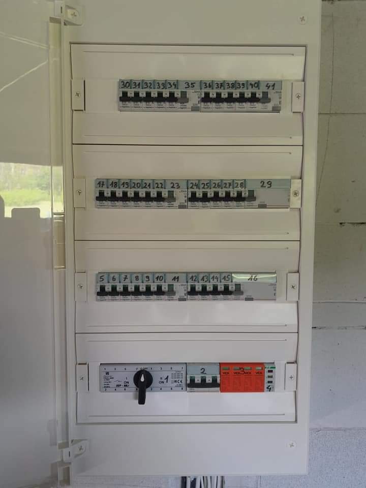 Rozdzielnica elektryczna z zabezpieczeniami różnicowoprądowymi i nadprądowymi, widoczne przewody w dolnej części obudowy.