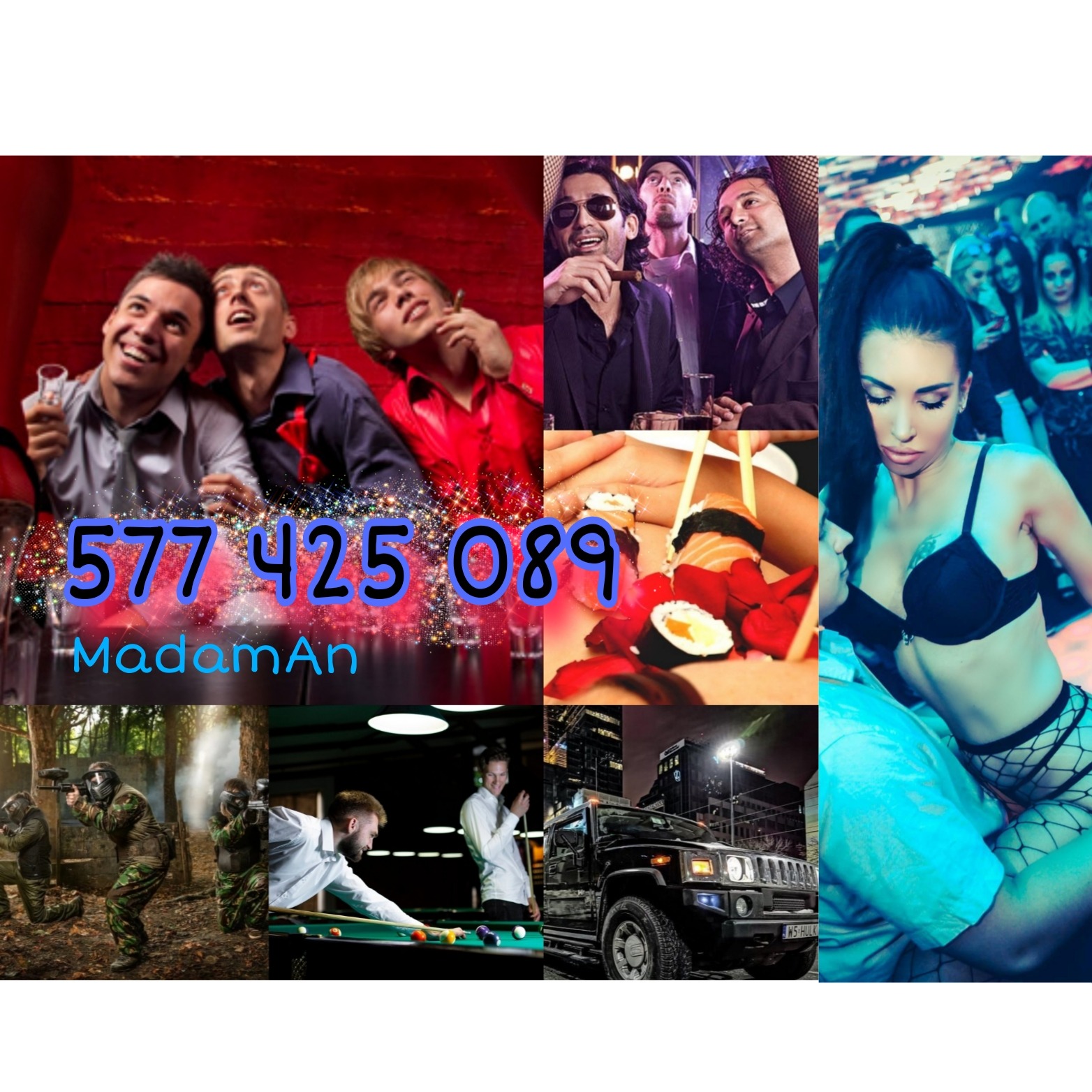 Kompozycja zdjęć: wieczór kawalerski (panowie, cygaro, sushi na ciele), paintball, bilard, Hummer, tancerka. Nałożony numer telefonu i nazwa firmy.