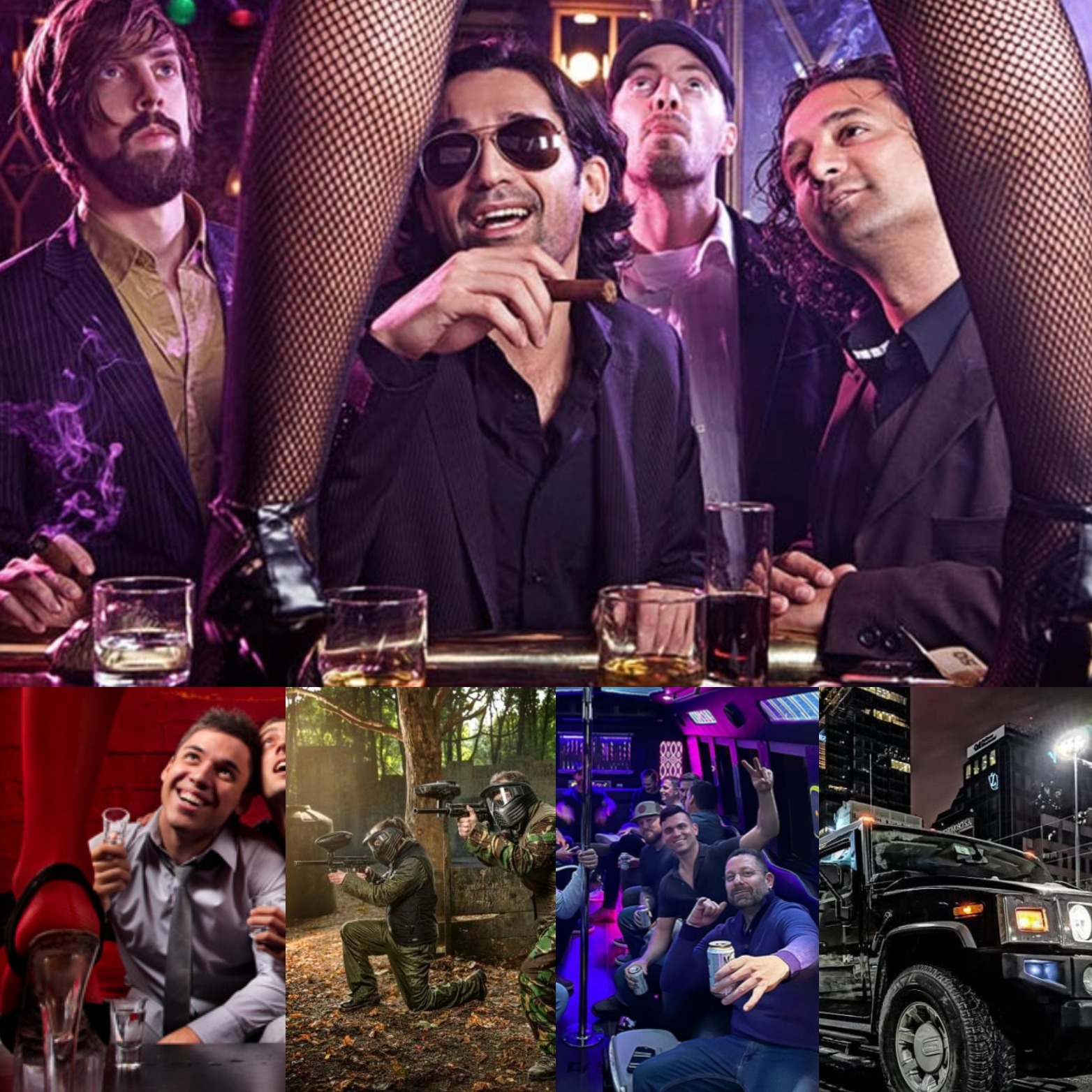 Wieczór kawalerski: grupa mężczyzn przy barze, drinki, cygara, nogi tancerki w kabaretkach. Fragmenty zdjęć z paintballa i imprezy w limuzynie.