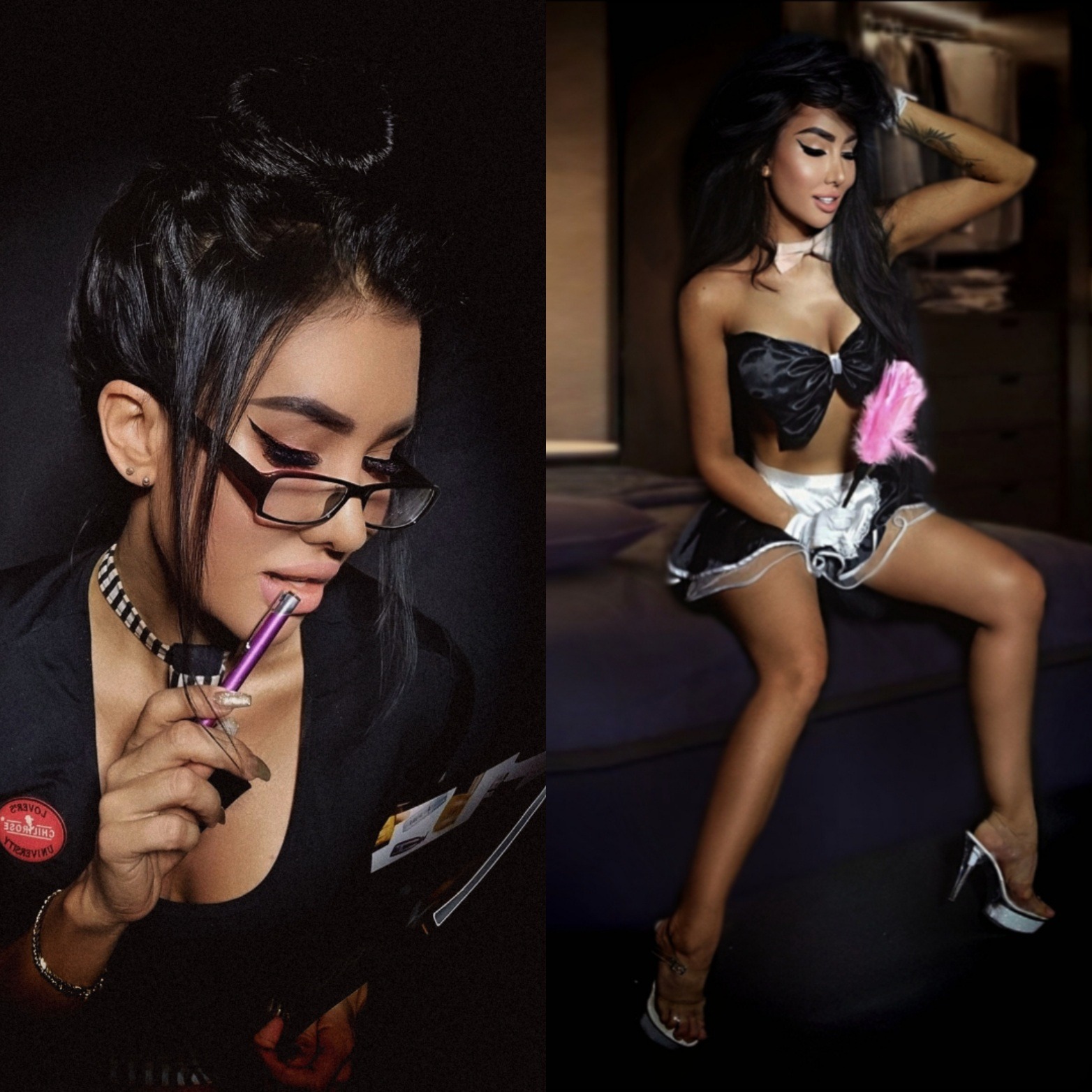 Dwie stylizacje tej samej kobiety: biznesowa z okularami i w stroju pokojówki z piórkiem, na ciemnym tle. Nietypowe ujęcie.