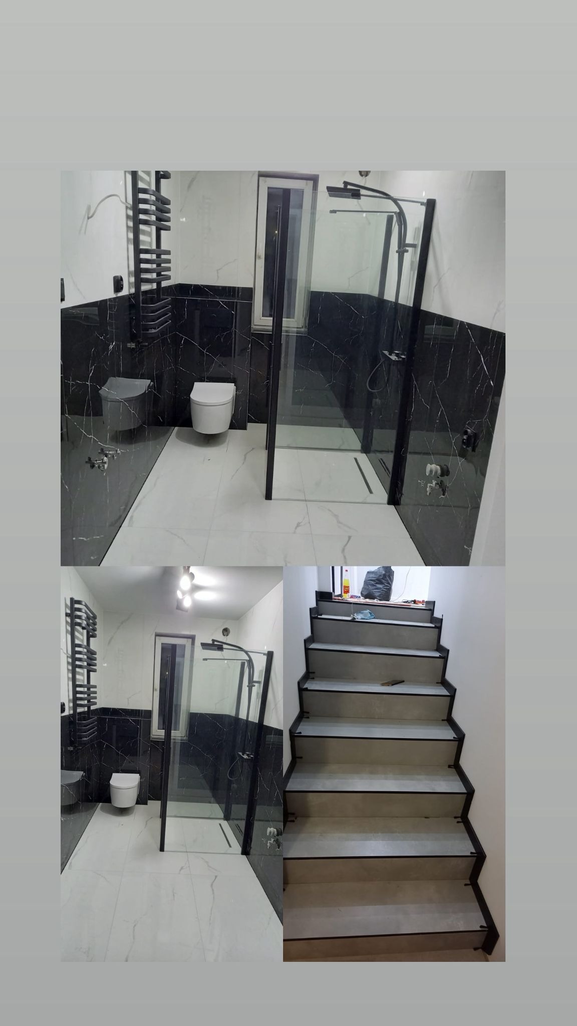 Nowoczesna łazienka z czarno-białymi marmurowymi płytkami, kabiną prysznicową typu walk-in z czarnymi ramami i grzejnikiem drabinkowym. Dodatkowo widoczne schody.