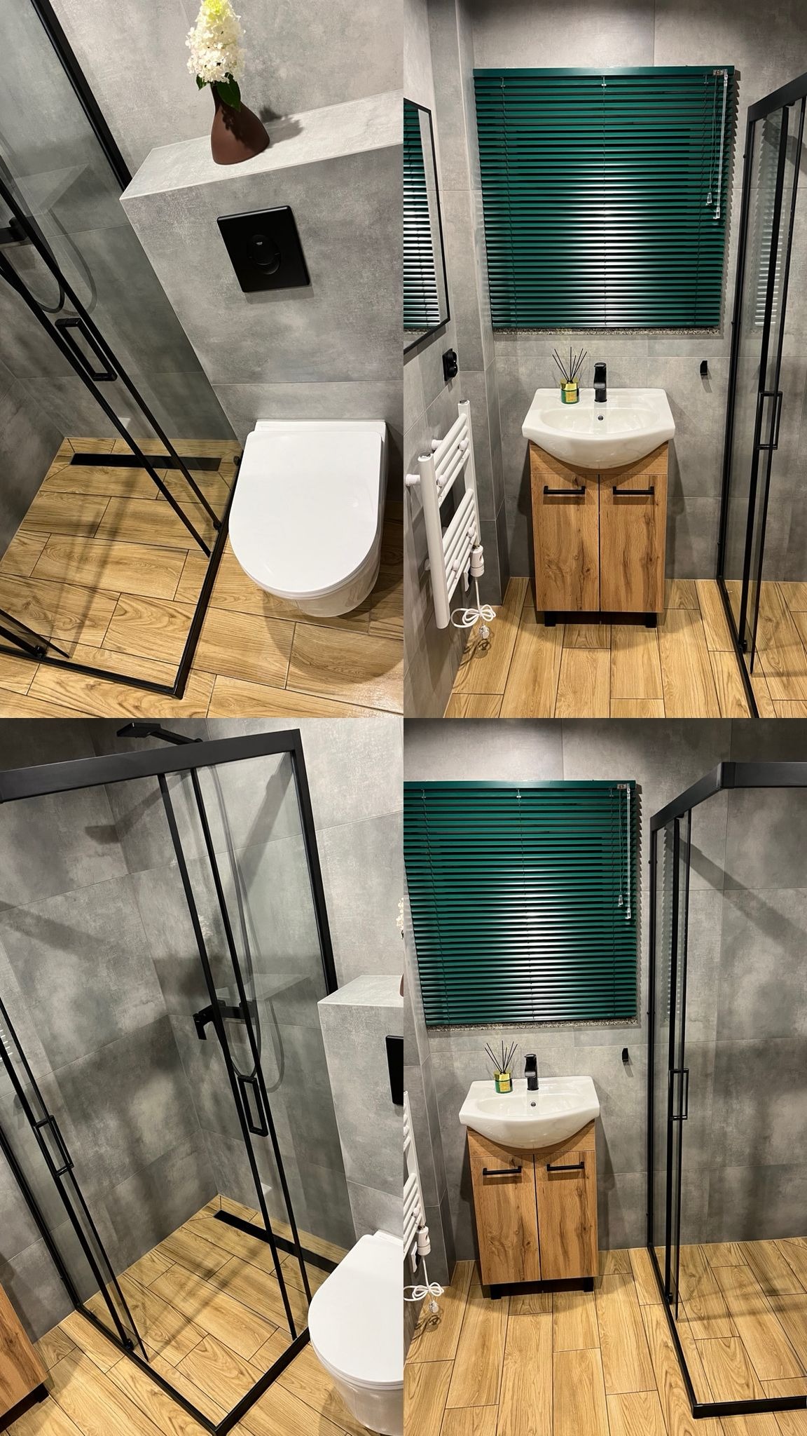 Nowoczesna łazienka po remoncie: szare płytki, drewnopodobna podłoga, kabina prysznicowa z czarnymi ramami, umywalka z szafką i zielone żaluzje. Minimalistyczny design.