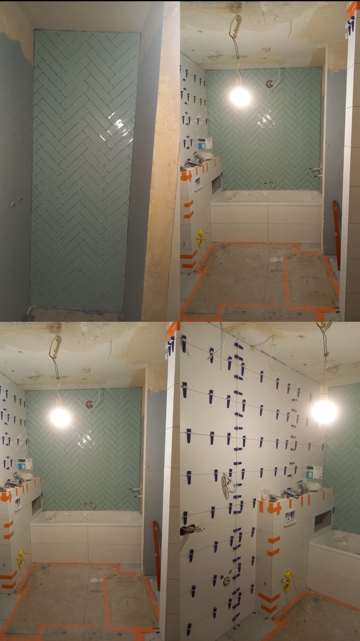 Układanie turkusowej glazury w jodełkę na ścianie łazienki, widoczne krzyżyki dystansowe i poziomica. Częściowo wykończona zabudowa wanny i stelaż podtynkowy.