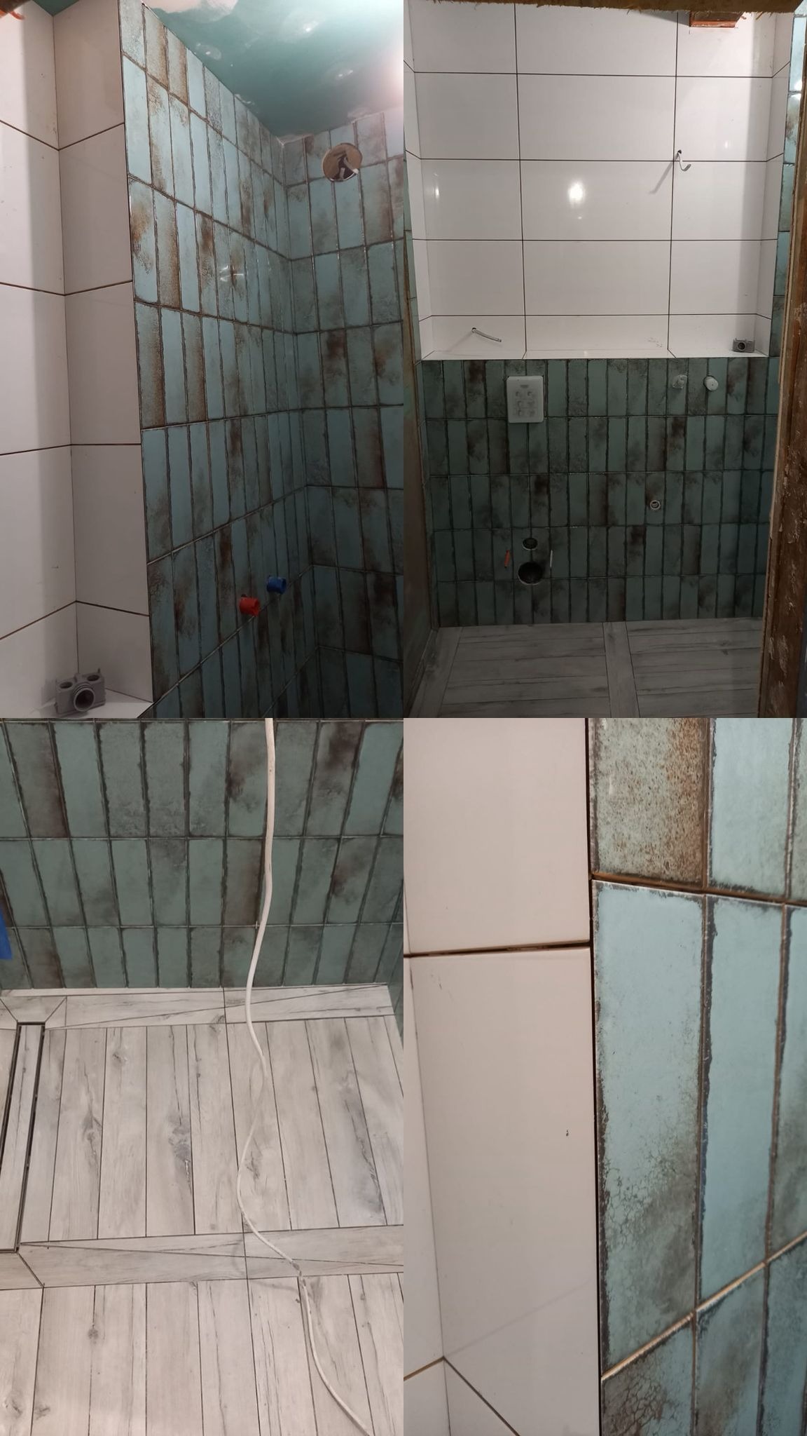 Wnętrze łazienki w trakcie remontu: położone płytki w odcieniach bieli i turkusu z efektem postarzenia, widoczne instalacje i fragment podłogi imitującej drewno.