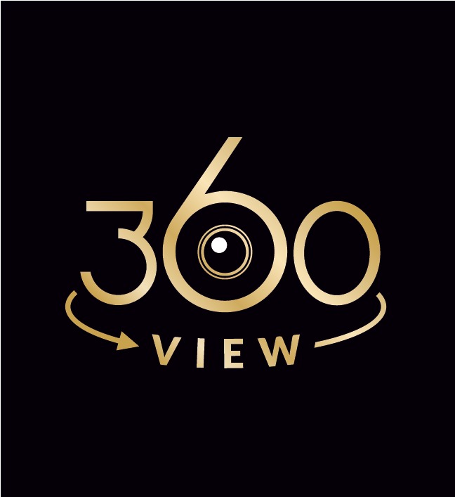 Złote logo 360 View na czarnym tle, z cyfrą 0 w kształcie oka aparatu.