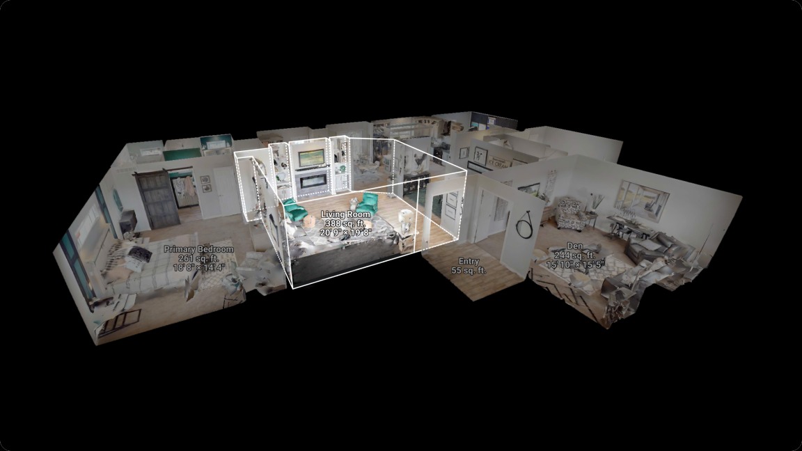 Interaktywny, trójwymiarowy plan mieszkania z zaznaczonymi wymiarami pomieszczeń: sypialni, salonu, pokoju dziennego i wejścia.