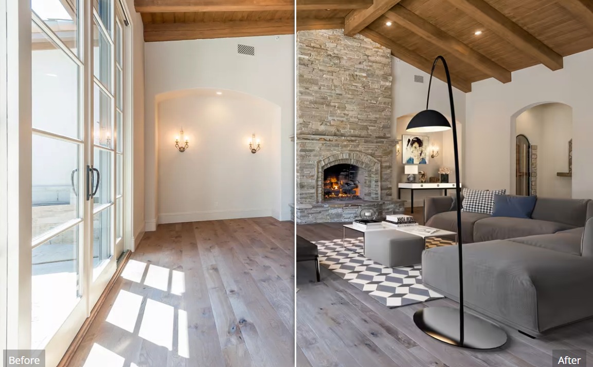Zdjęcie przedstawia metamorfozę salonu: po lewej stronie puste pomieszczenie z parkietem i dużymi oknami, po prawej stronie salon z kamiennym kominkiem, szarą sofą, lampą łukową i dywanem...