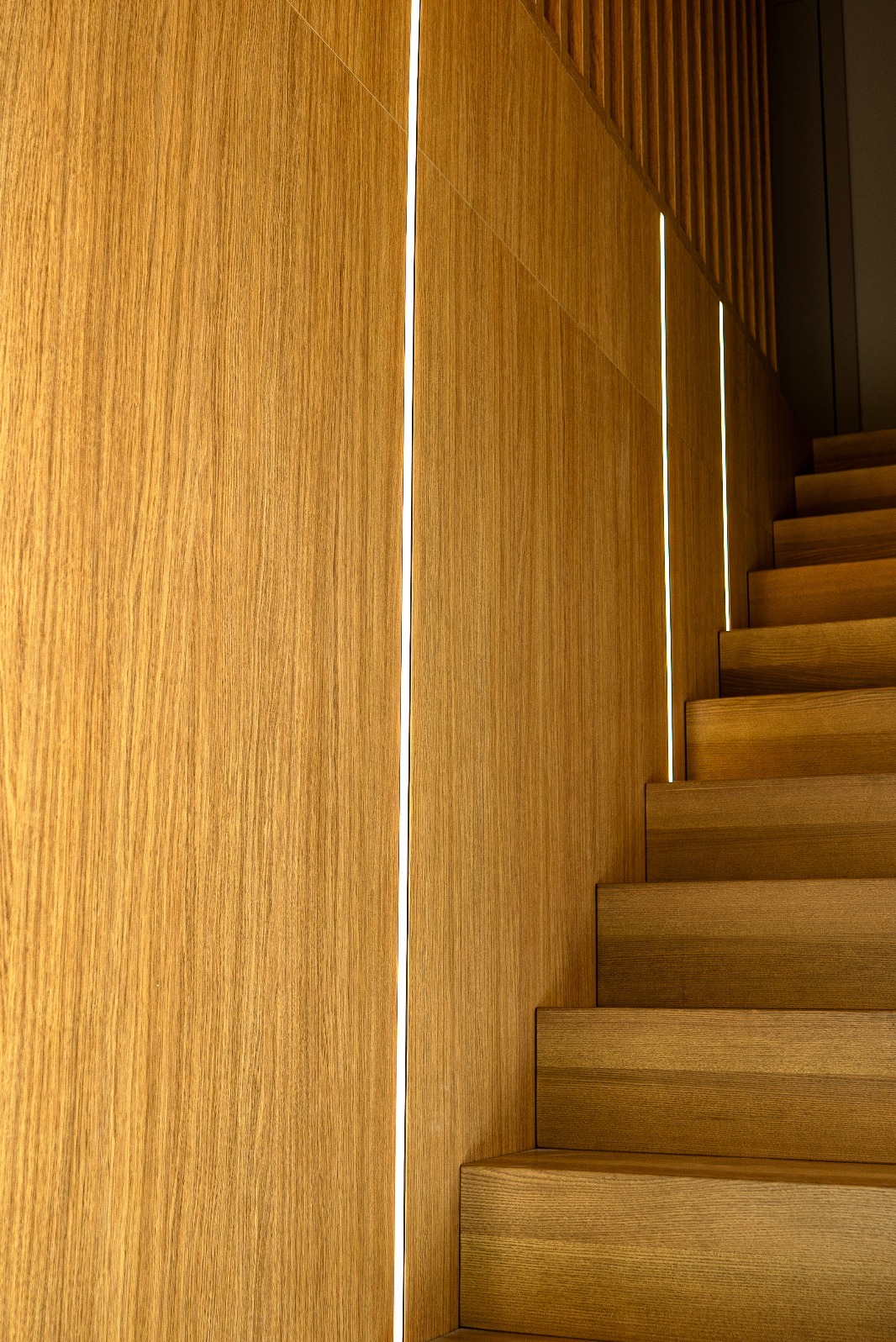 Drewniane schody z podświetleniem LED wzdłuż ściany z drewnianą okładziną. Nowoczesny design, ciepłe oświetlenie, minimalistyczny styl.