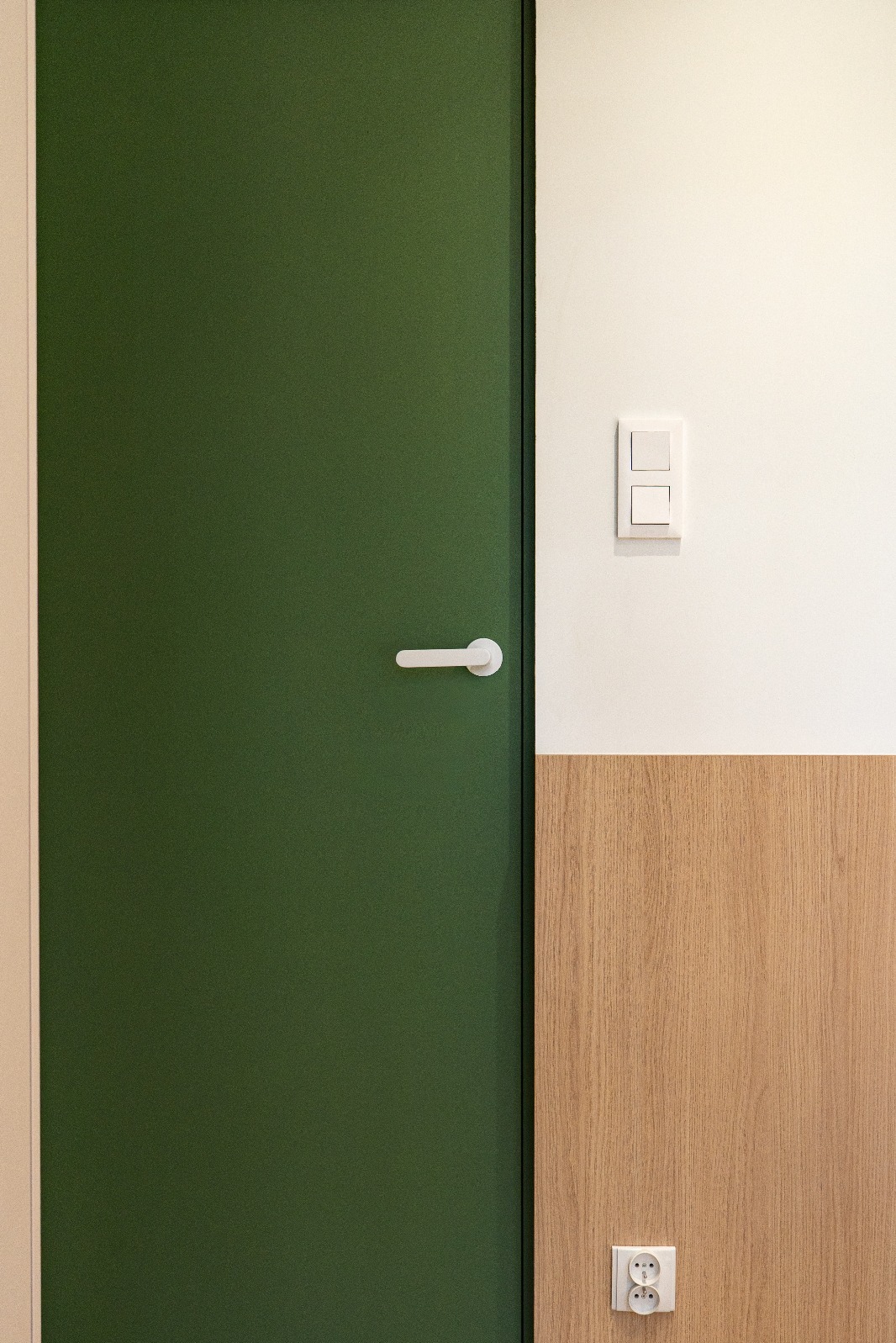 Nowoczesne wnętrze: zielone drzwi z białą klamką, biała ściana z włącznikiem i drewniana boazeria z gniazdkiem. Minimalistyczny design, świeżo po remoncie.