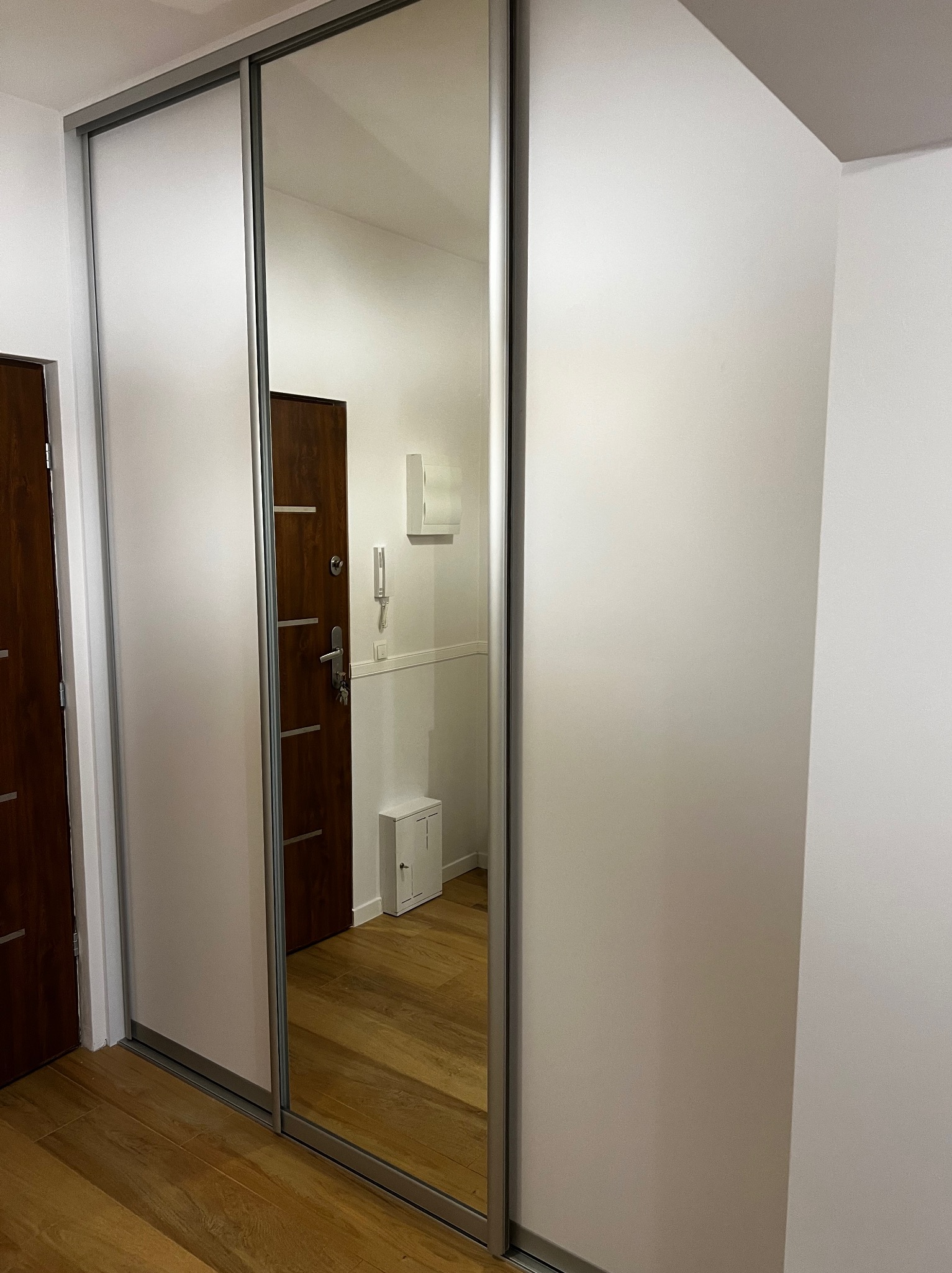 Biała szafa z przesuwnymi drzwiami lustrzanymi w przedpokoju, odbicie ukazuje drzwi wejściowe i drewnianą podłogę.