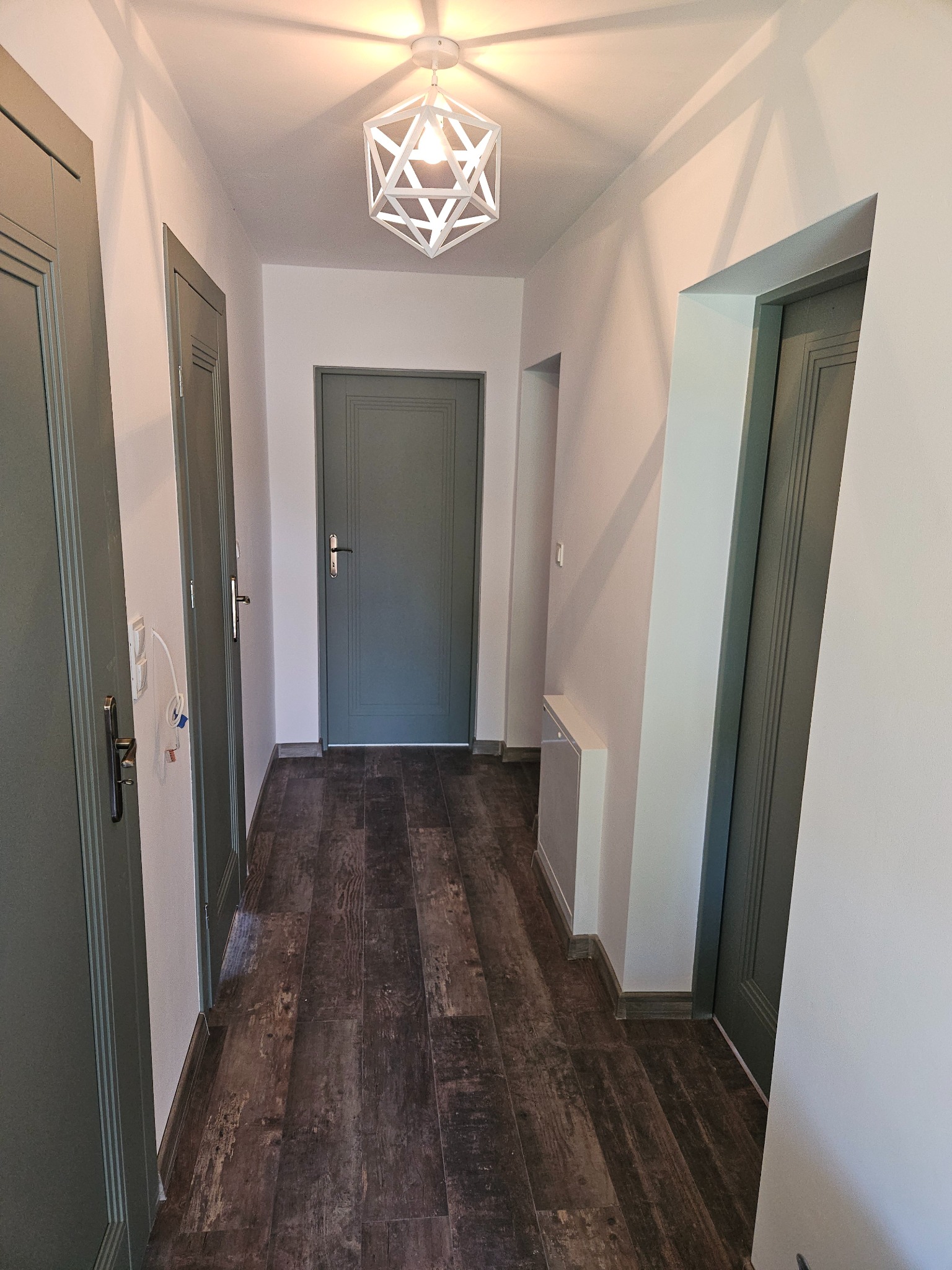 Wnętrze korytarza z ciemną podłogą imitującą drewno, szarymi drzwiami z ozdobnymi listwami i geometryczną lampą sufitową.