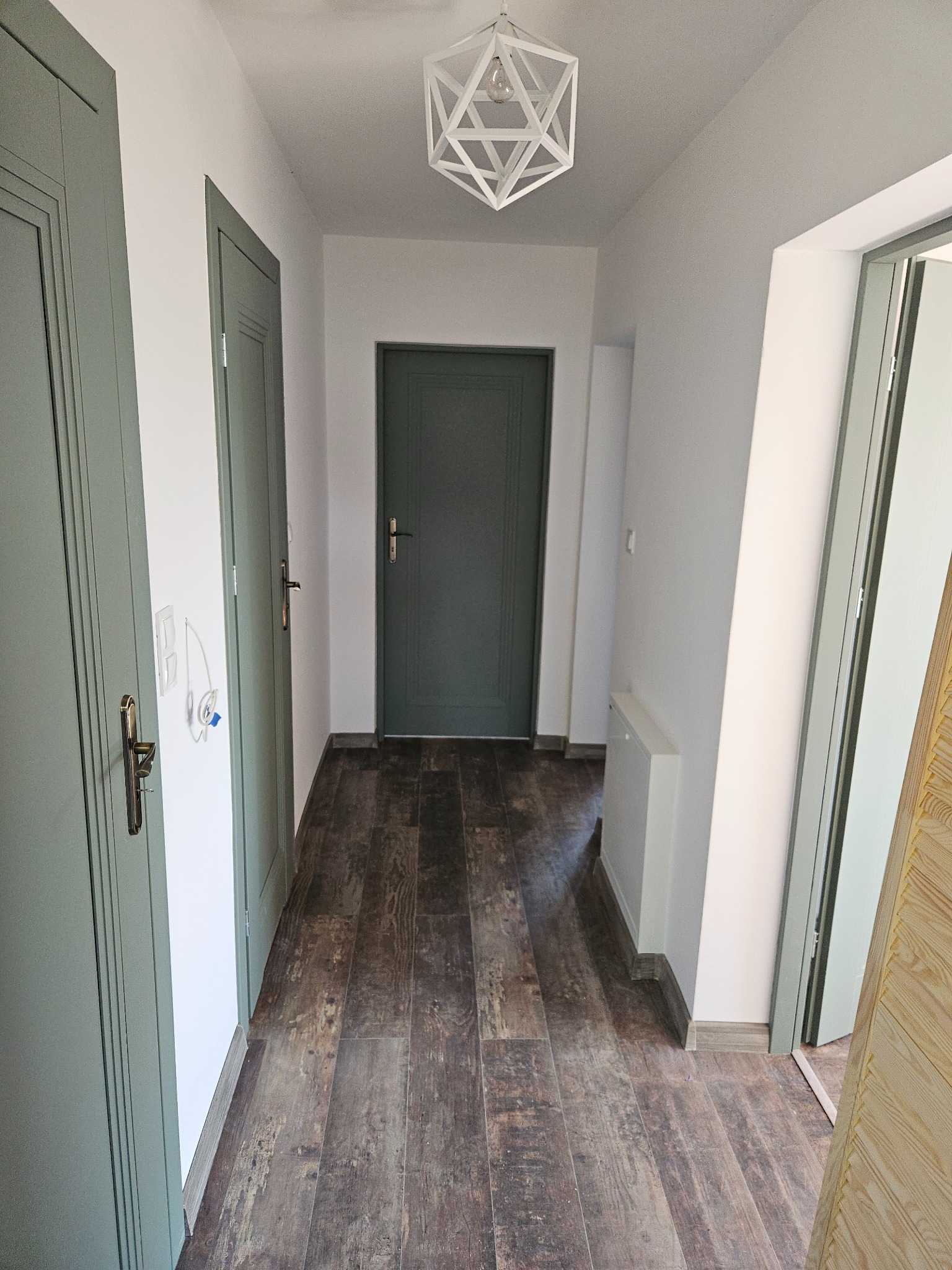 Korytarz po remoncie z trzema parami drzwi w odcieniach zieleni, podłoga z paneli imitujących drewno, białe ściany i geometryczna lampa sufitowa.