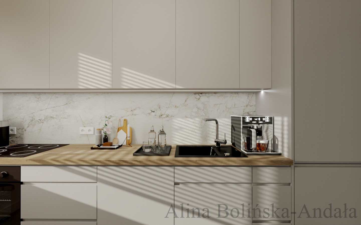 Nowoczesna kuchnia w jasnych barwach z drewnianym blatem, marmurowym backsplash'em i designerskim ekspresem do kawy.