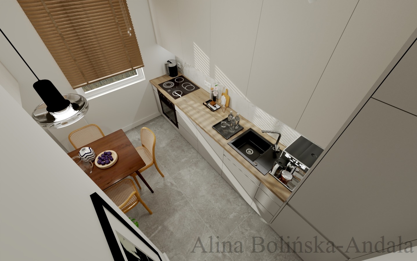 Wizualizacja małej kuchni z jadalnią, widok z góry, minimalistyczne białe szafki, drewniany blat, stół z rattanowymi krzesłami, nowoczesna lampa wisząca, zasłonięte żaluzje.