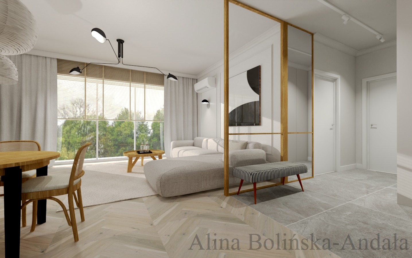 Wizualizacja jasnego salonu z drewnianym stołem, kanapą modułową, czarną lampą sufitową i podziałem na strefy za pomocą przeszklenia w drewnianej ramie.